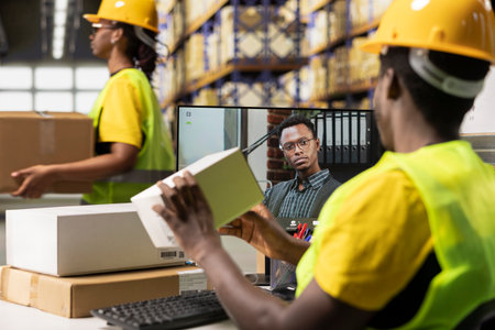 Warehouse clerk meeting on web video call with manager on computer, transmitting order shipment...