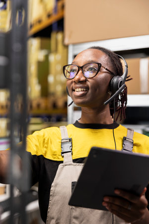 Close up of help line worker responding to issues like parcels delays or wrong address for orders,...