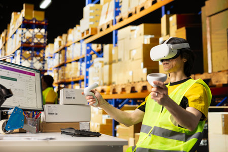 Virtual reality glasses and tracking software helps worker manage e-commerce order fulfillment, man in hi vis vest using 3D simulations for parcel tracking and inventory updates. Storage racks.の写真素材