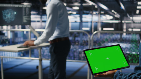 Server hub engineers finetuning configurations using chroma key device. Close up of technicians on data center industrial platform analyzing performance outputs on isolated screen tablet,の写真素材