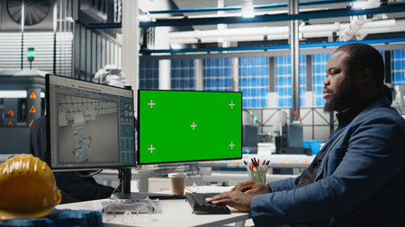 Solar power specialist works on manufacturing strategy next to mockup, combining industrial insight with renewable energy goals for sustainability and high tech development. Camera A.の写真素材