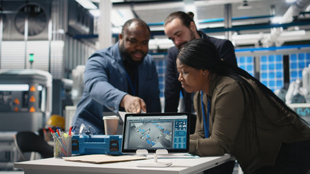 African american manufacturing experts gather for a discussion in a solar power plant, planning the...