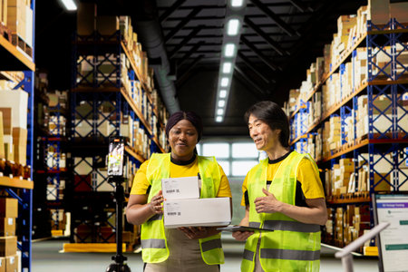 African american and asian team presenting the cargo goods on a live stream video, recording a vlog...