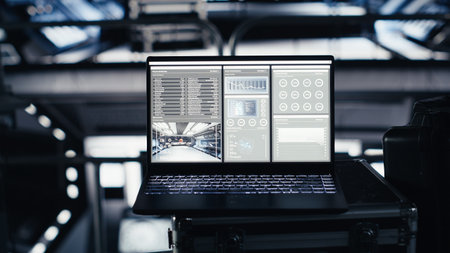 Laptop in space station displaying detailed mission analytics panel during cosmic trip to Mars. Notebook in starship doing readouts for upcoming extraterrestrial red planet expeditionの写真素材