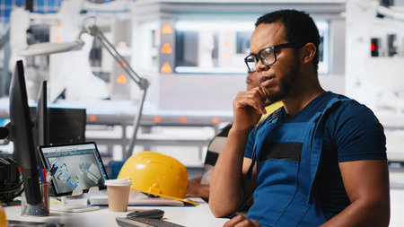Black engineer runs diagnostic checks on solar panel assembly software, optimizing the production...