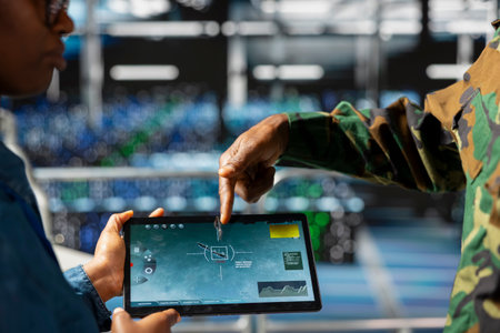 Military technician reviewing tactical dashboard on tablet screen in server hub, standing on industrial platform. Army expert using strategic communications and infrastructure software systems.の写真素材