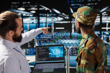 African american army technician uses neural network for defense systems, working with an engineer in server farm. Drone operators in military data center doing live drone tracking on laptop.の写真素材