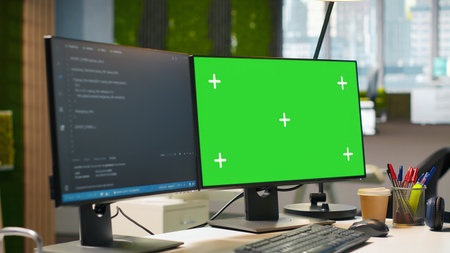 Green screen computer display in modern startup office displaying code snippets in various programming languages used for software development. Chroma key PC in empty software agency workplaceの写真素材