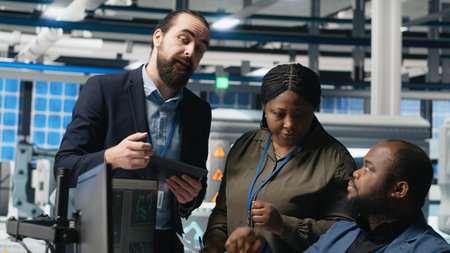 Multiethnic master engineers doing teamwork on high tech production line for solar panels manufacturing activity, combining technical insight and collaboration for green energy. Camera B.の写真素材