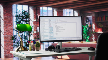 Empty desktop monitor used for software development and coding in a luxurious loft apartment. Modern workstation or in a stylish studio supports tech performance and big data systems.の写真素材