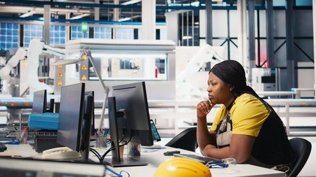 African American worker programs automation settings in solar facility, focused on efficiency and...