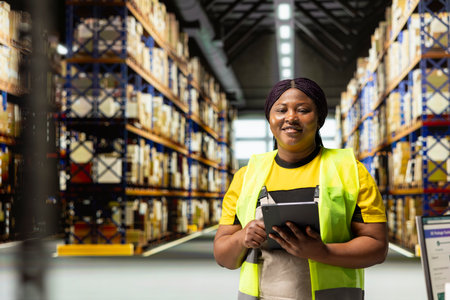E-commerce business worker manages a shipping depot with packages ready for delivery. Staff handling inventory and performing quality control, local distribution across the region.の写真素材