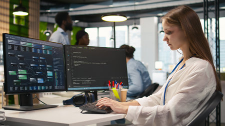 Cheerful startup manager satisfied with progress oj junior dev learning how to use machine learning tech. Team leader doing fist bump with intern in office, satisfied with work done, camera Aの写真素材