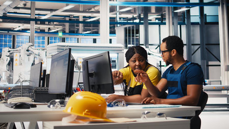 Factory workers team check solar energy system diagnostics on PC, using analytical tools and CAD software. Technicians detecting faults and finetuning automation for renewable energy. Camera B.の写真素材