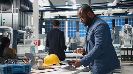 African american industry expert reviewing photovoltaics assembly line, inspecting the production to ensure efficiency in the solar energy business. Young master engineer in a factory. Camera A.の写真素材
