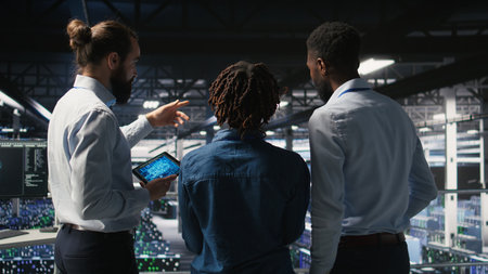 Data center manager talking with workers performing maintenance on supercomputers used for AI. Server hub team leader and staff members upgrading rigs used for deep learning training,の写真素材
