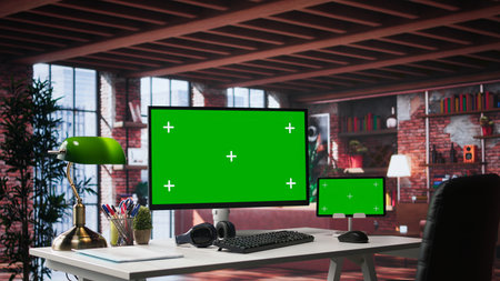 Statement interior with clean desk and chroma key screen running on monitor. Spacious trendy apartment with urban charm and a modern workstation for creative professionals.の写真素材