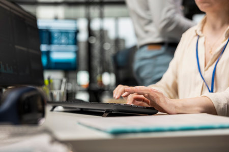 Close up of woman engages in brainstorming sessions and data forecasting, leveraging insights and technology to align the strategy with objectives and support for efficient project execution.の写真素材