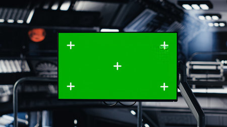 Chroma key monitor in space station surrounded by high tech equipment tracking analytics. Isolated screen display enabling real time mission control and spacecraft hardware troubleshootingの写真素材
