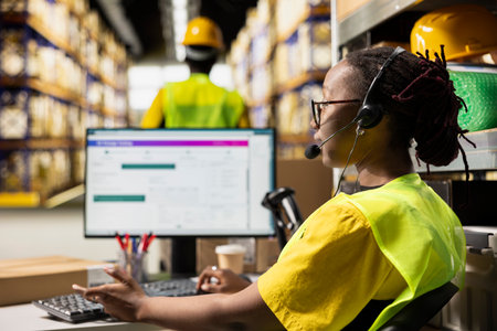 E-commerce support worker responding to problems like lost parcels or order tracking, surrounded by cargo boxes on racks in a fulfillment center. Call center operations on headset.の写真素材