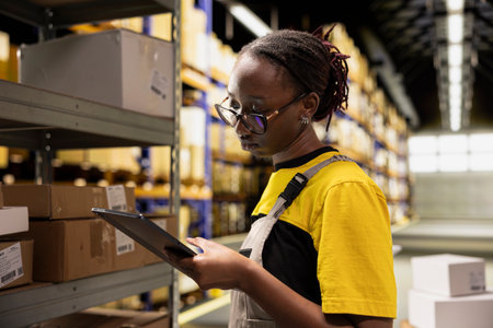 E-commerce depot employee checking parcel details on tablet, processing orders for delivery....