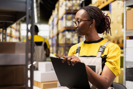 Industrial fulfillment center staff manages inventory and shipping protocol, updating parcel details...