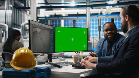 Solar panels inspection group review data on pc next to green screen, finding errors during a...