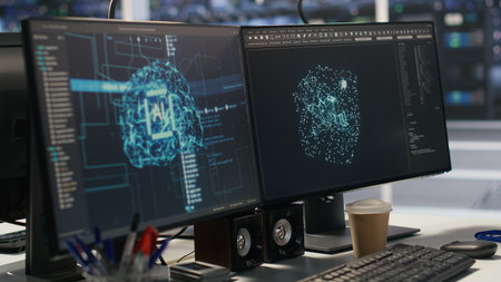 Close up of artificial intelligence AI development workstation in data center with dual monitors....