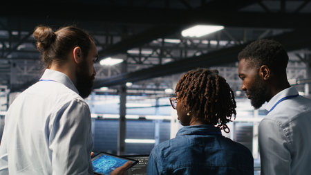 Software developers in data center monitoring AI LLM visualization. Server farm teamworking colleagues doing brainstorming, overseeing rigs powering machine learning processesの写真素材