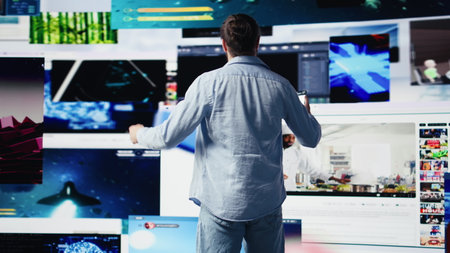 E commerce expert connecting on social media web platforms, networking creativity and online engagement in a digital world powered by mobile phone connection. digitalization. Camera B.の写真素材