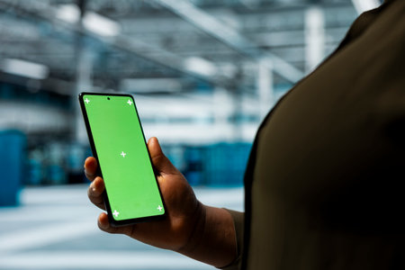 Close up of data center manager using green screen smartphone to optimize network hardware, planning...