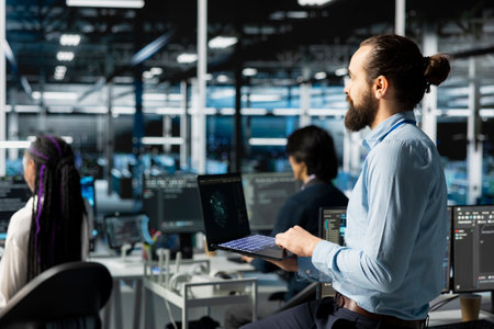 Teamworking engineers in data center installing upgraded server racks systems helped by AI...