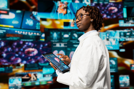 Doctor doing scientific research, analyzing human body on tablet to support medical developments. Biomedicine specialist reviewing organs on device using app, researching innovationsの写真素材