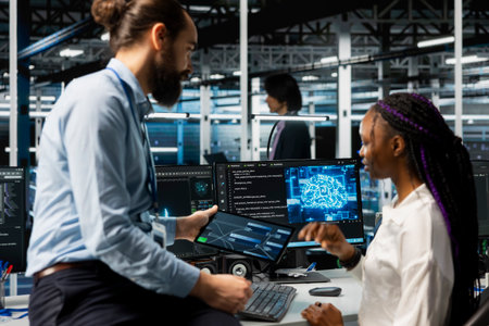 Software developers coding in data center, updating AI driven automation scripts. IT professionals working in server room, programming artificial intelligence algorithms, debugging gearの写真素材