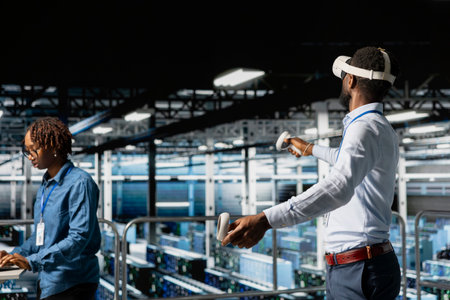 African american AI technician uses VR glasses in server hub to update data security, configuring tech equipment with software tools. Engineer reviewing hardware with virtual reality.の写真素材