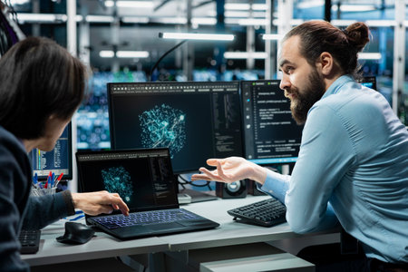Teamworking colleagues use AI assistant analysis to optimize performance of supercomputers. Team of...