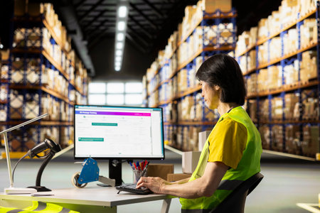 Asian warehouse employee overseeing cargo parcels tracking on the computer software, monitoring express delivery ad shipment route details. Logistics center for e-commerce storehouse.の写真素材