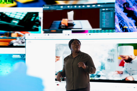 User watching videos on digital backdrop, concept of endless entertainment selection. African...