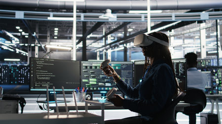 Data center technician using virtual reality tech and node tree software to analyze datasets. Server room expert using visual programming tools and VR equipment to improve gear performance, camera Aの写真素材