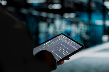 Close up of data center engineer using tablet to troubleshoot backend operations handling user requests. Server farm employee running software development tools on device, resolving system crashesの写真素材