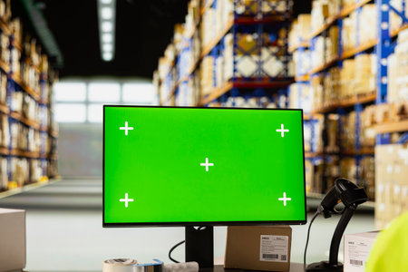 African American employee uses a isolated mockup screen on computer, business software used for supply chain system and package tracking service. Real-time order fulfillment displays.の写真素材