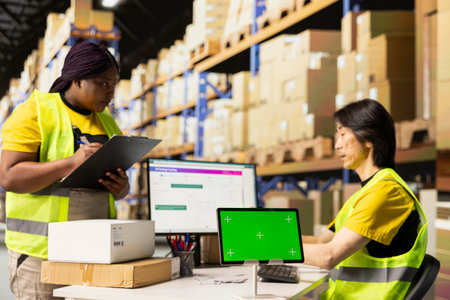 Logistics employee organizing packages near isolated mockup on computer, inserting order tracking tools and labeling systems. Staff member analyzing business inventory dashboards.の写真素材