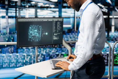 Black IT professional checking code at pc workstation in server farm, handling AI LLM visualization on elevated industrial platform. Engineer monitoring artificial intelligence systems.の写真素材