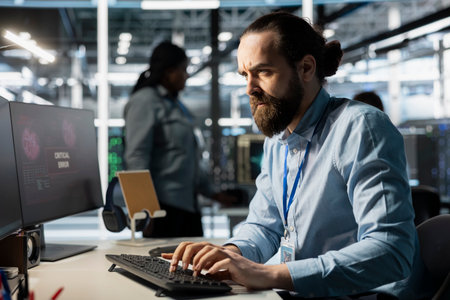 Programmer in server room reading diagnostic report showing critical hardware error on PC. Worker...