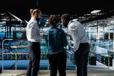 Data center system administrators using laptop to review AI LLM visualization. African american team...