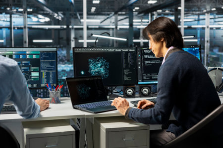 Data center software developer adjusting AI model parameters to enhance accuracy. Server room IT...