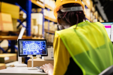 African american woman uses AI deep learning software for e-commerce automation, working in...