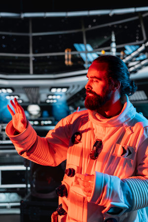 Orbit station astronaut worried by red light critical error danger signal. Spaceship cosmonaut...