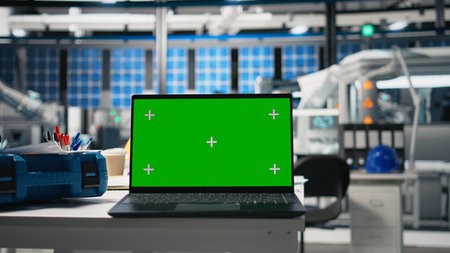 Empty desk with copy space screen on laptop in a solar panels factory, manufacturing process in the...