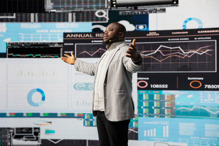 Black public speaker expert hosting business presentation to share a vision, discussing about development strategy and offering new ideas for international expansion. Motivational speaking.の写真素材